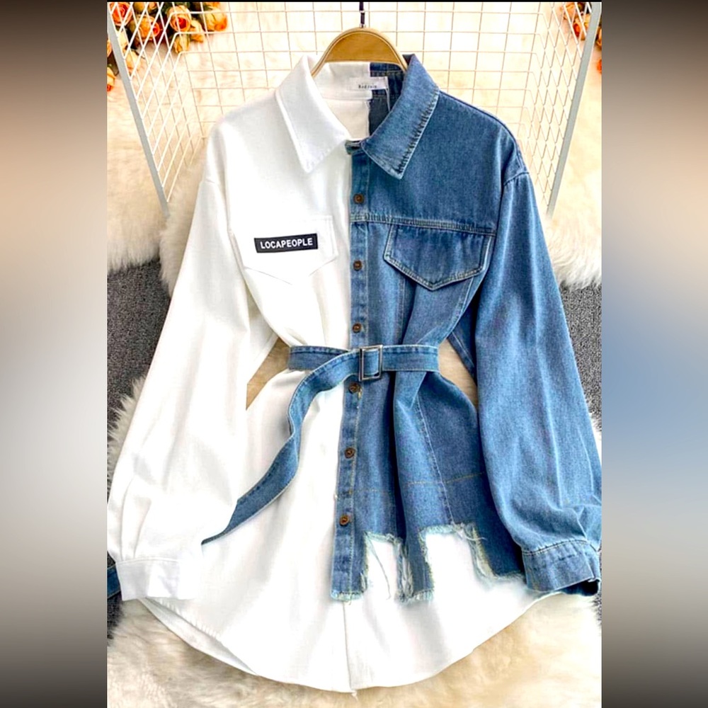 BLOUSE DENIM & WHITE COTTON ONE SIZE UP TO LARGE